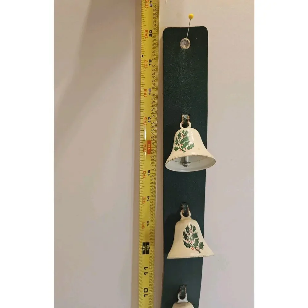 Vintage Christmas Bells On Leather Strap Door Hanger Holly LOUD Bells Holiday